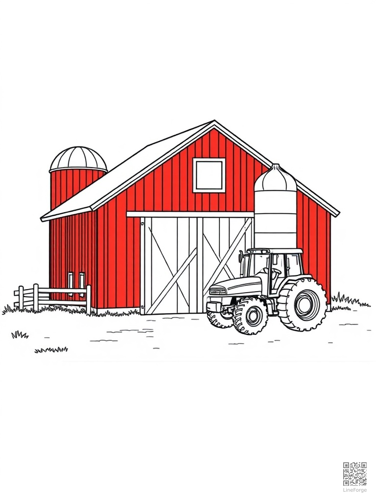 Free red barn with silo and tractor parked outside coloring page in contour style — printable line art