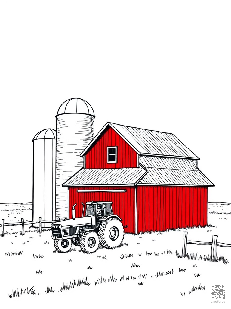 Red barn with silo and tractor parked outside coloring page Crosshatch style - free printable