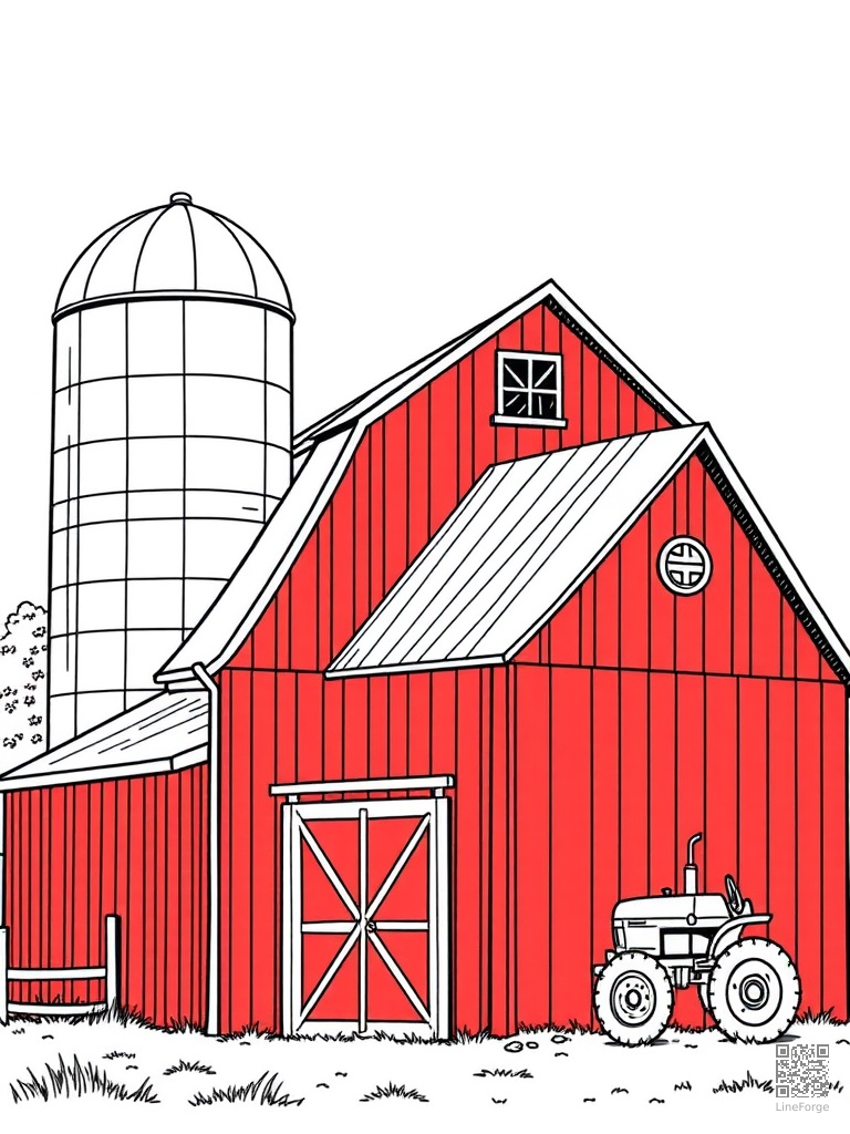 Red barn with silo and tractor parked outside coloring page Manga style - free printable