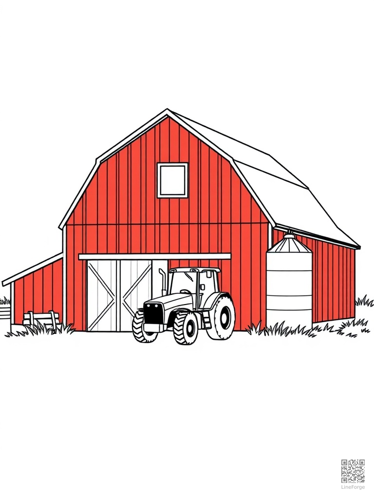 Red barn with silo and tractor parked outside coloring page Minimal style - free printable