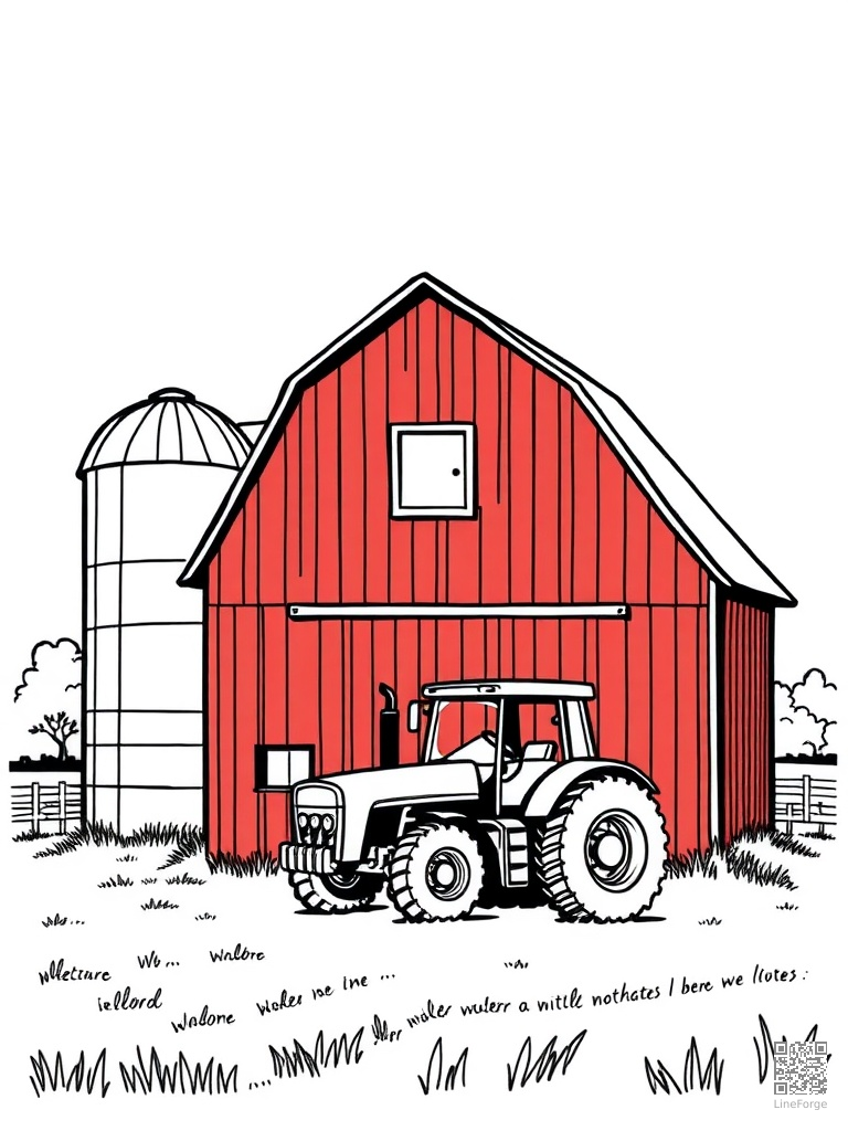 Red barn with silo and tractor parked outside coloring page Woodcut style - free printable