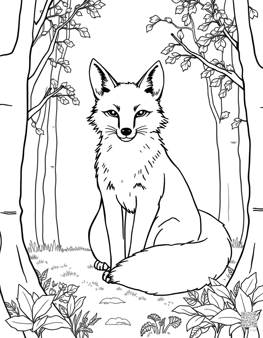 red fox sitting in autumn woods coloring page Contour style - free printable