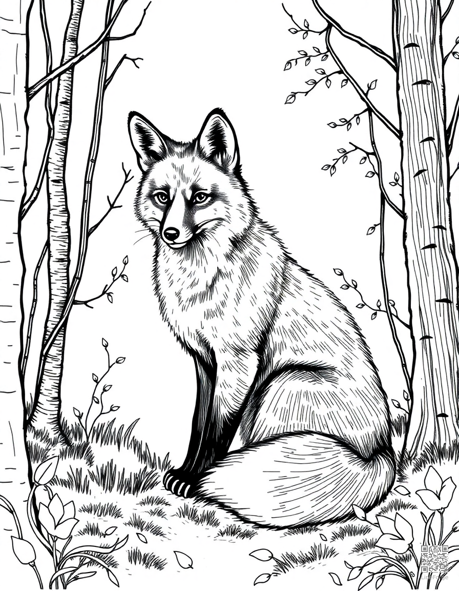 red fox sitting in autumn woods coloring page Crosshatch style - free printable