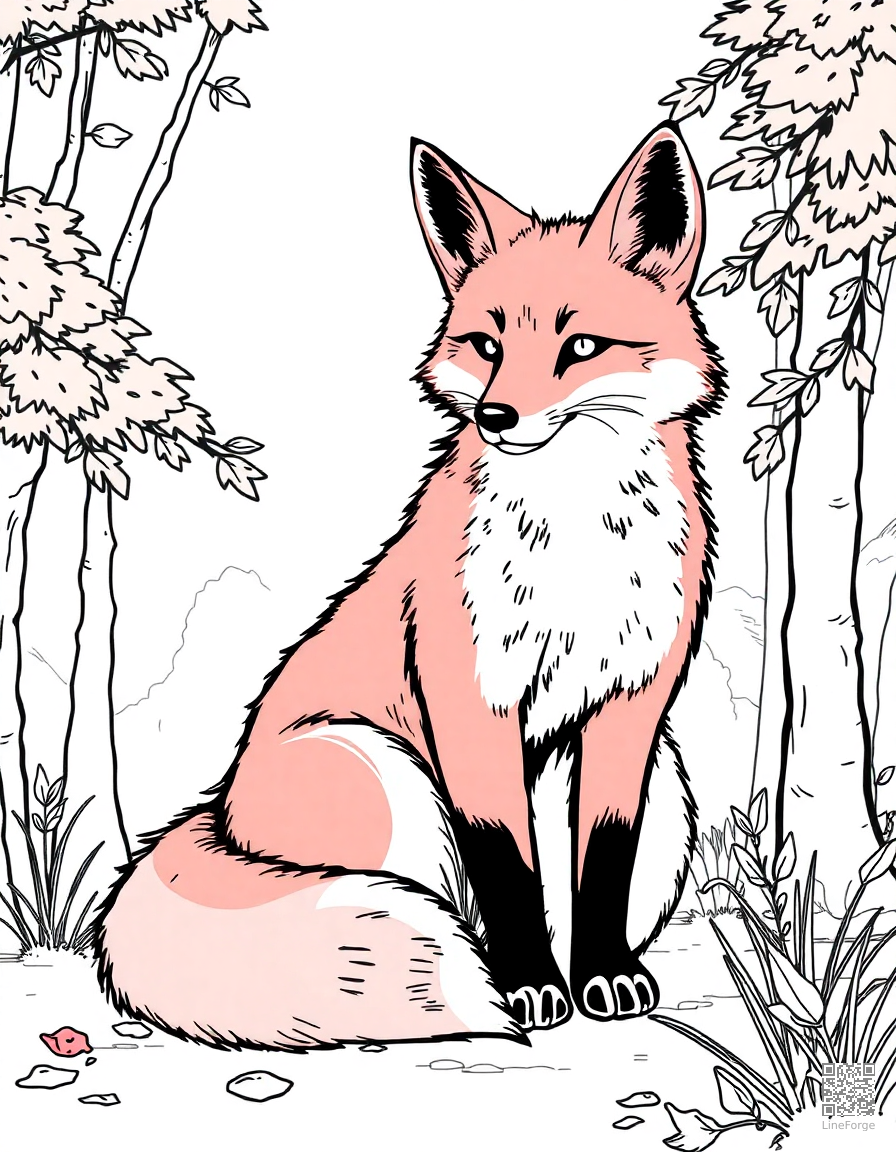 red fox sitting in autumn woods coloring page Manga style - free printable