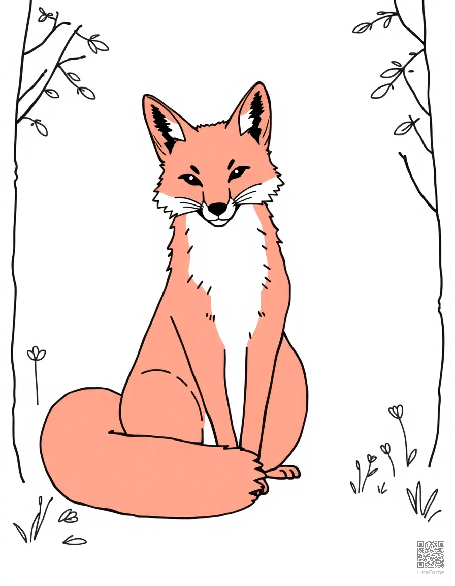 red fox sitting in autumn woods coloring page Minimal style - free printable
