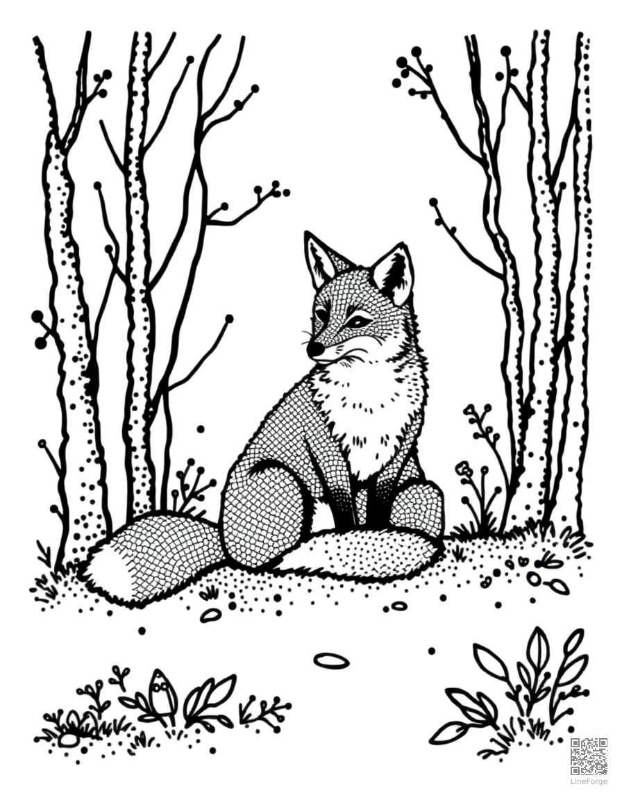 red fox sitting in autumn woods coloring page Stipple style - free printable