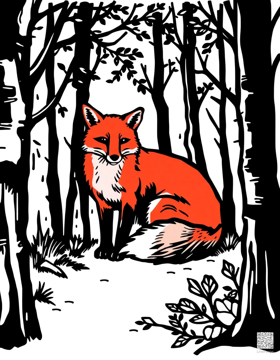 red fox sitting in autumn woods coloring page Woodcut style - free printable