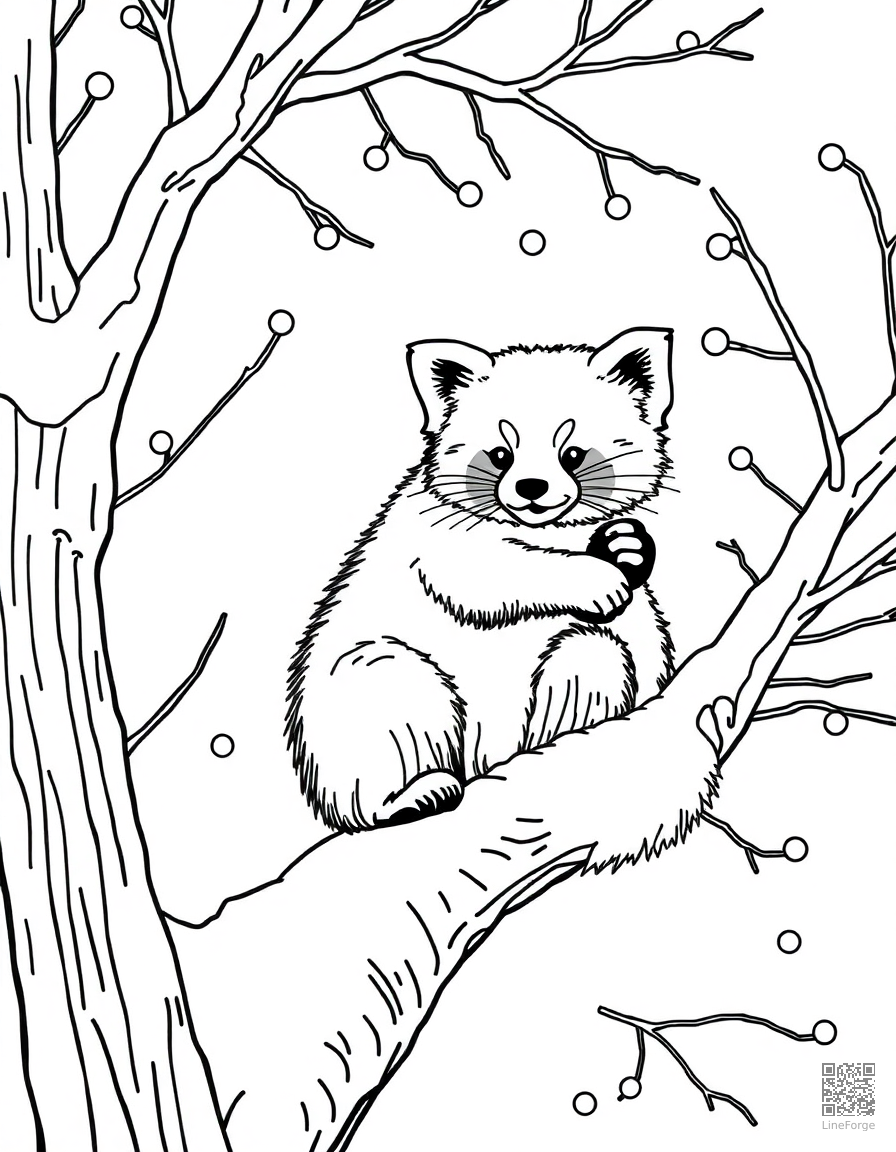 red panda playing in a snowy tree coloring page Contour style - free printable