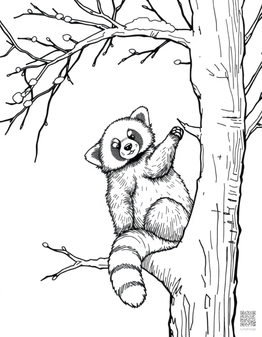 red panda playing in a snowy tree coloring page Crosshatch style - free printable