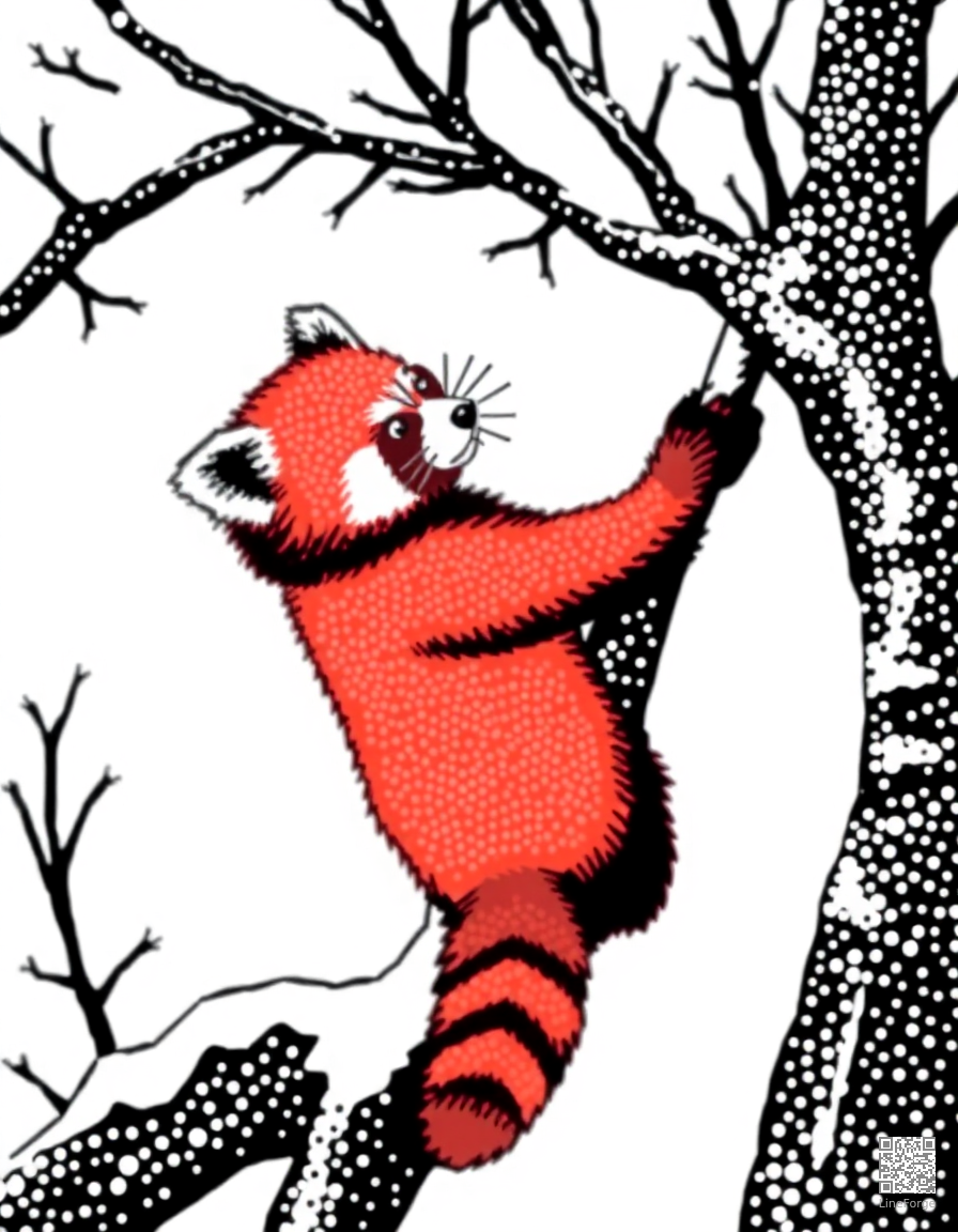 red panda playing in a snowy tree coloring page Stipple style - free printable