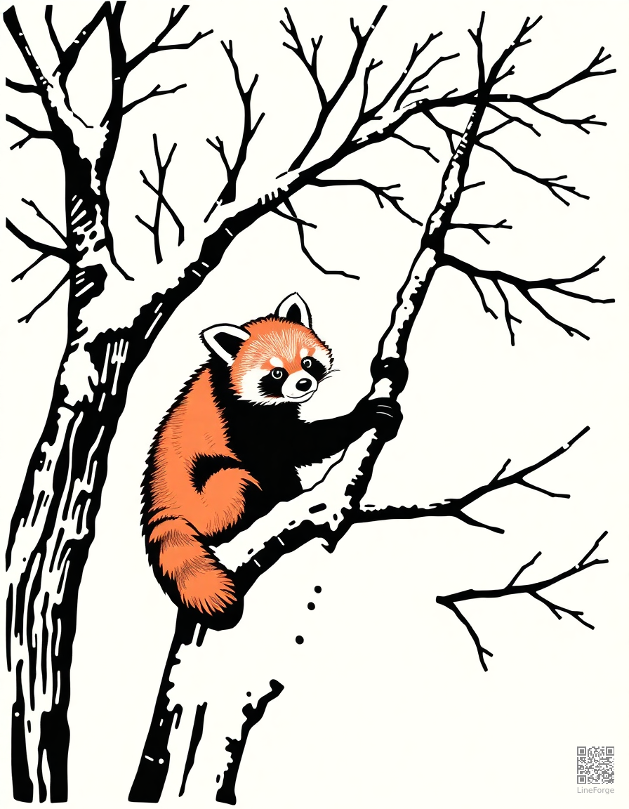 red panda playing in a snowy tree coloring page Woodcut style - free printable