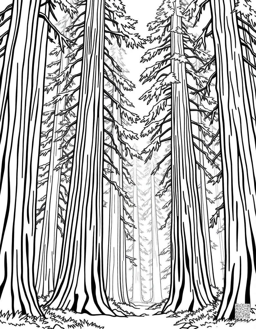 redwood forest with massive tree trunks coloring page Contour style - free printable