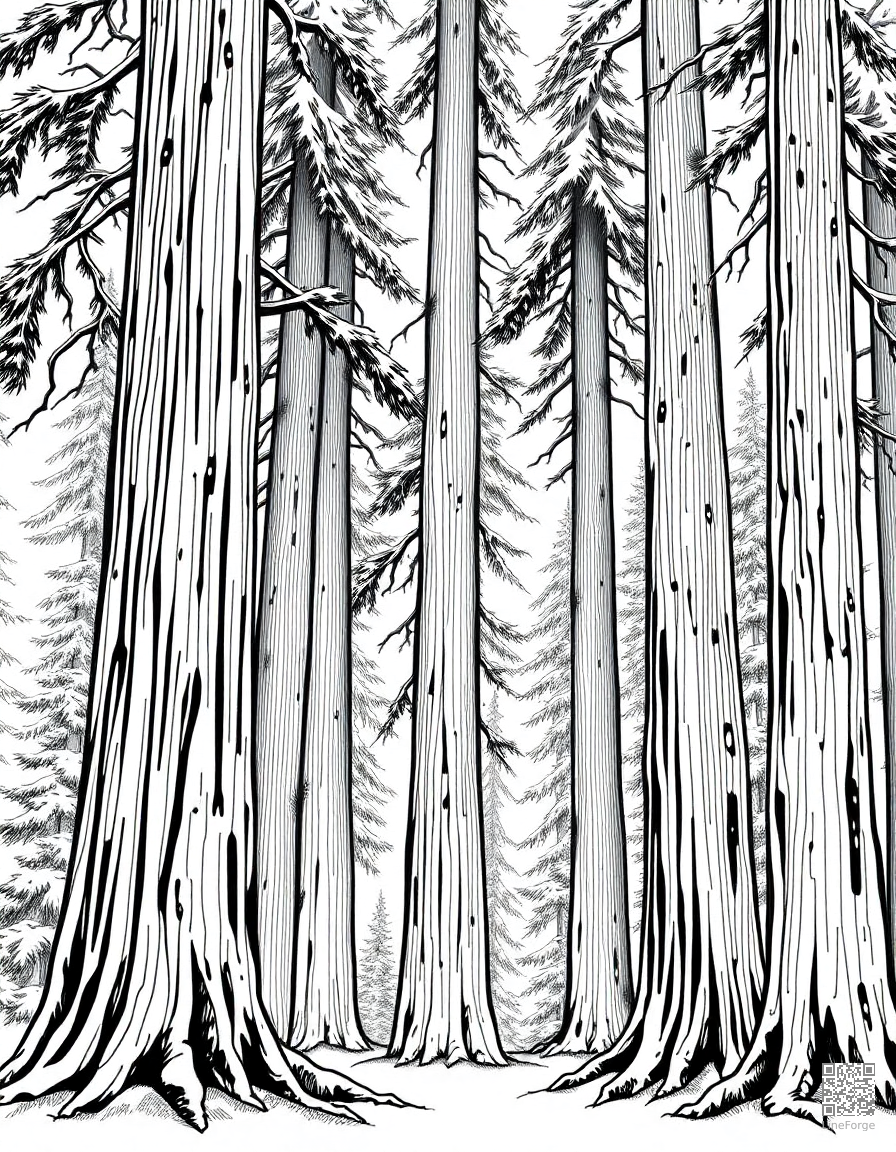 redwood forest with massive tree trunks coloring page Crosshatch style - free printable