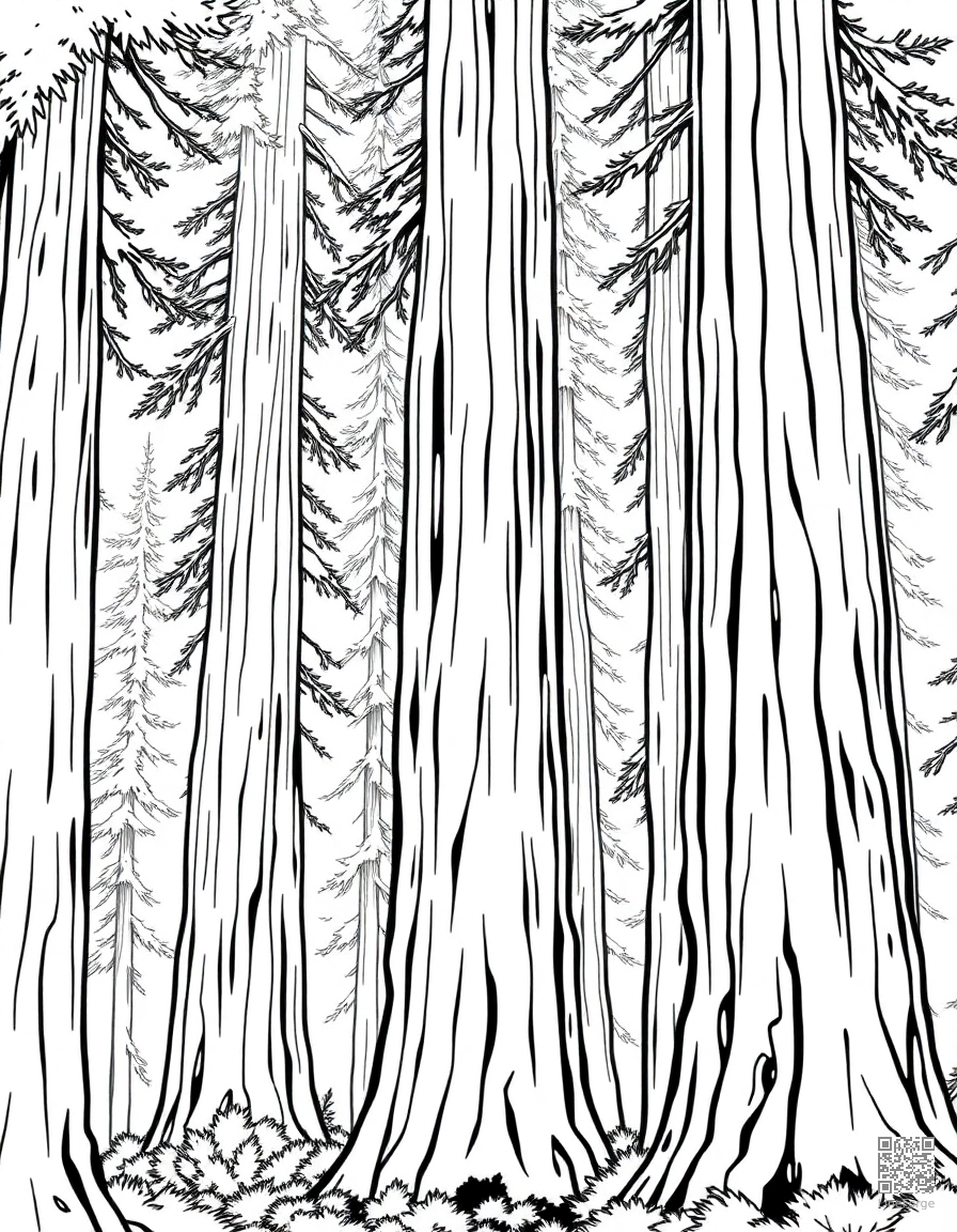 redwood forest with massive tree trunks coloring page Manga style - free printable