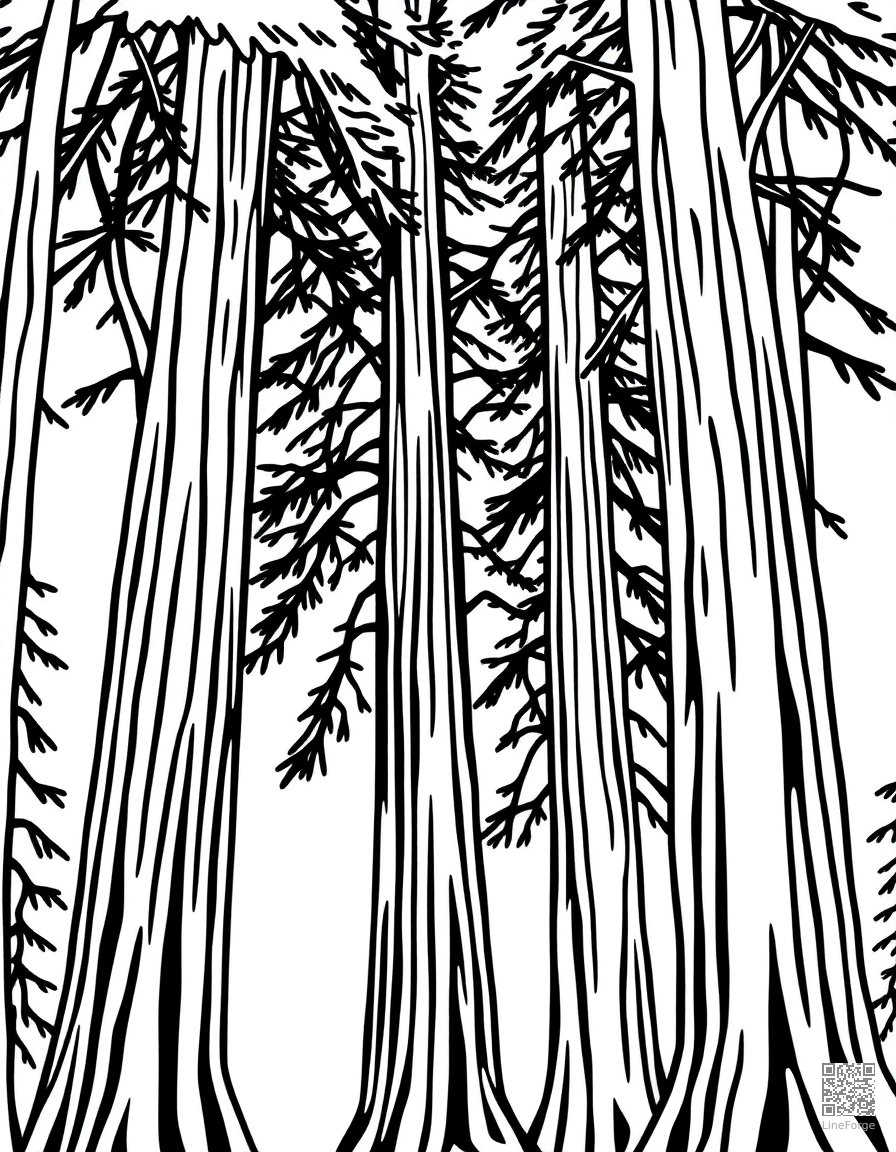 redwood forest with massive tree trunks coloring page Minimal style - free printable