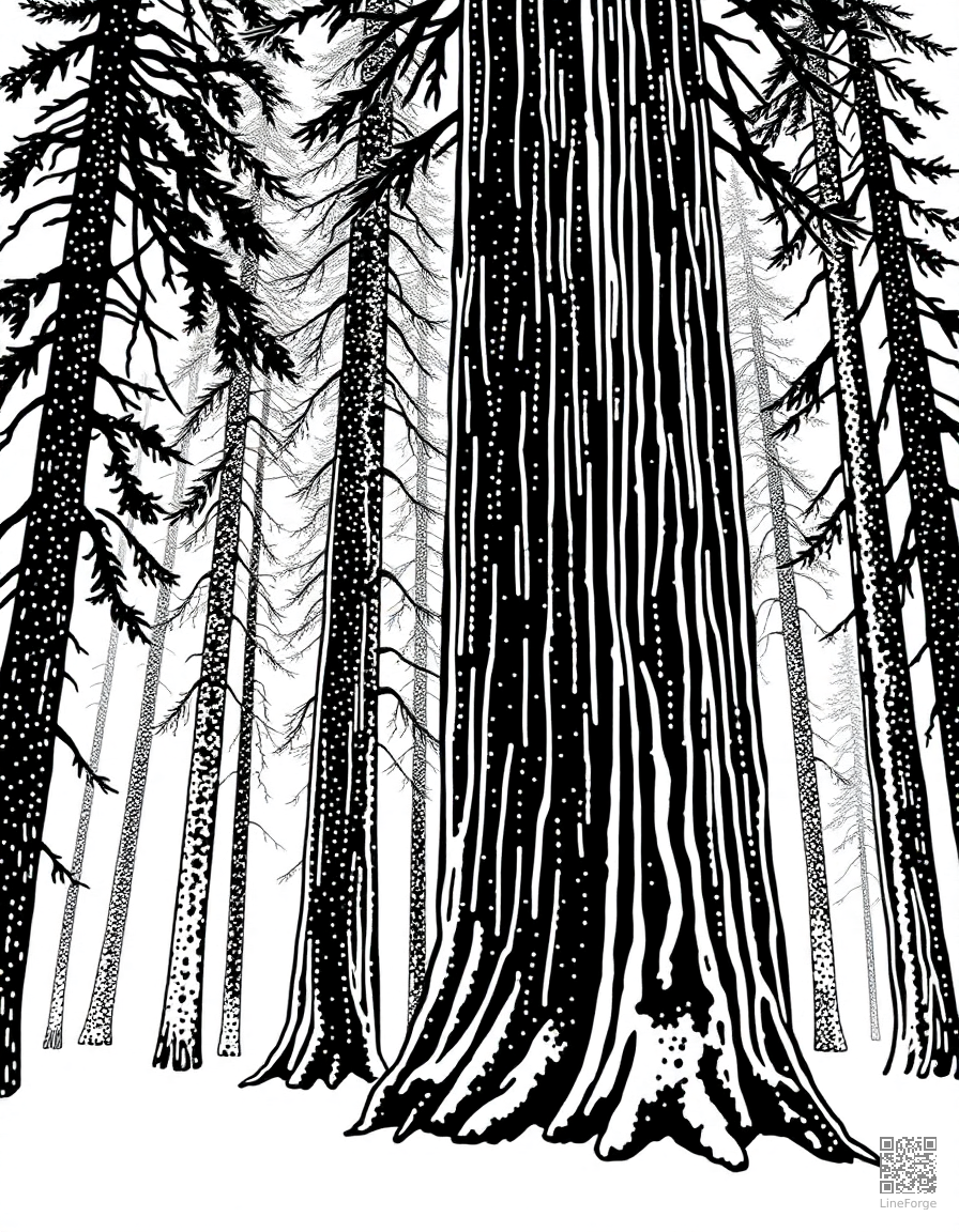 redwood forest with massive tree trunks coloring page Stipple style - free printable