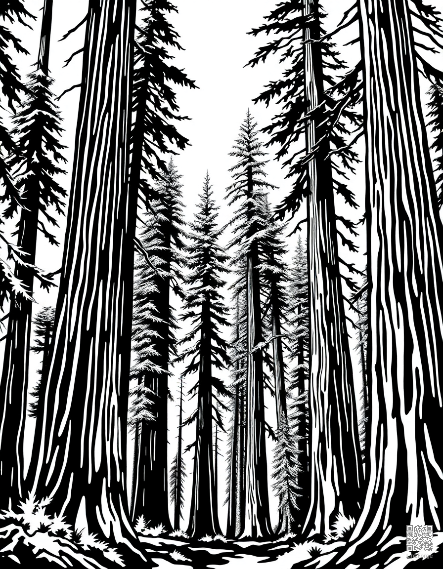 redwood forest with massive tree trunks coloring page Woodcut style - free printable