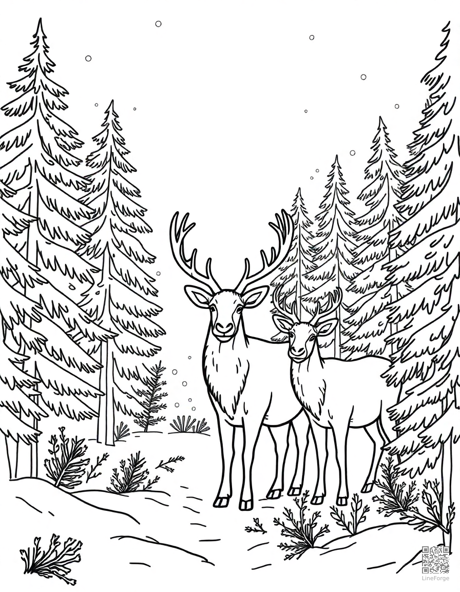 reindeer in a winter pine forest coloring page Contour style - free printable