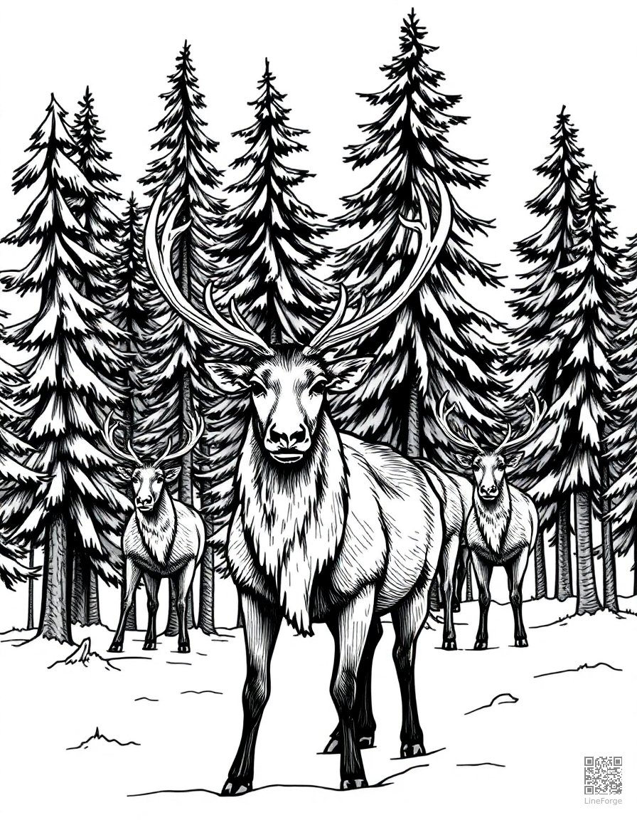 reindeer in a winter pine forest coloring page Crosshatch style - free printable