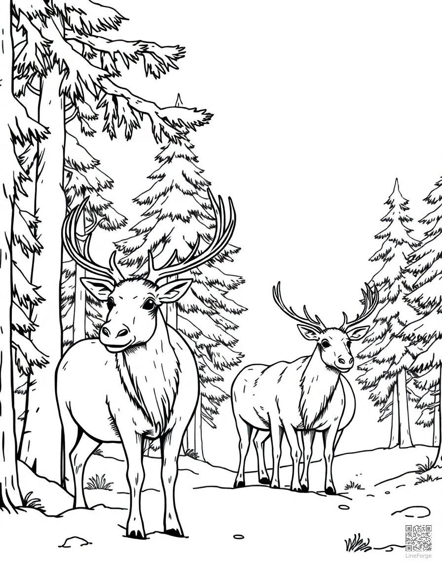 reindeer in a winter pine forest coloring page Manga style - free printable