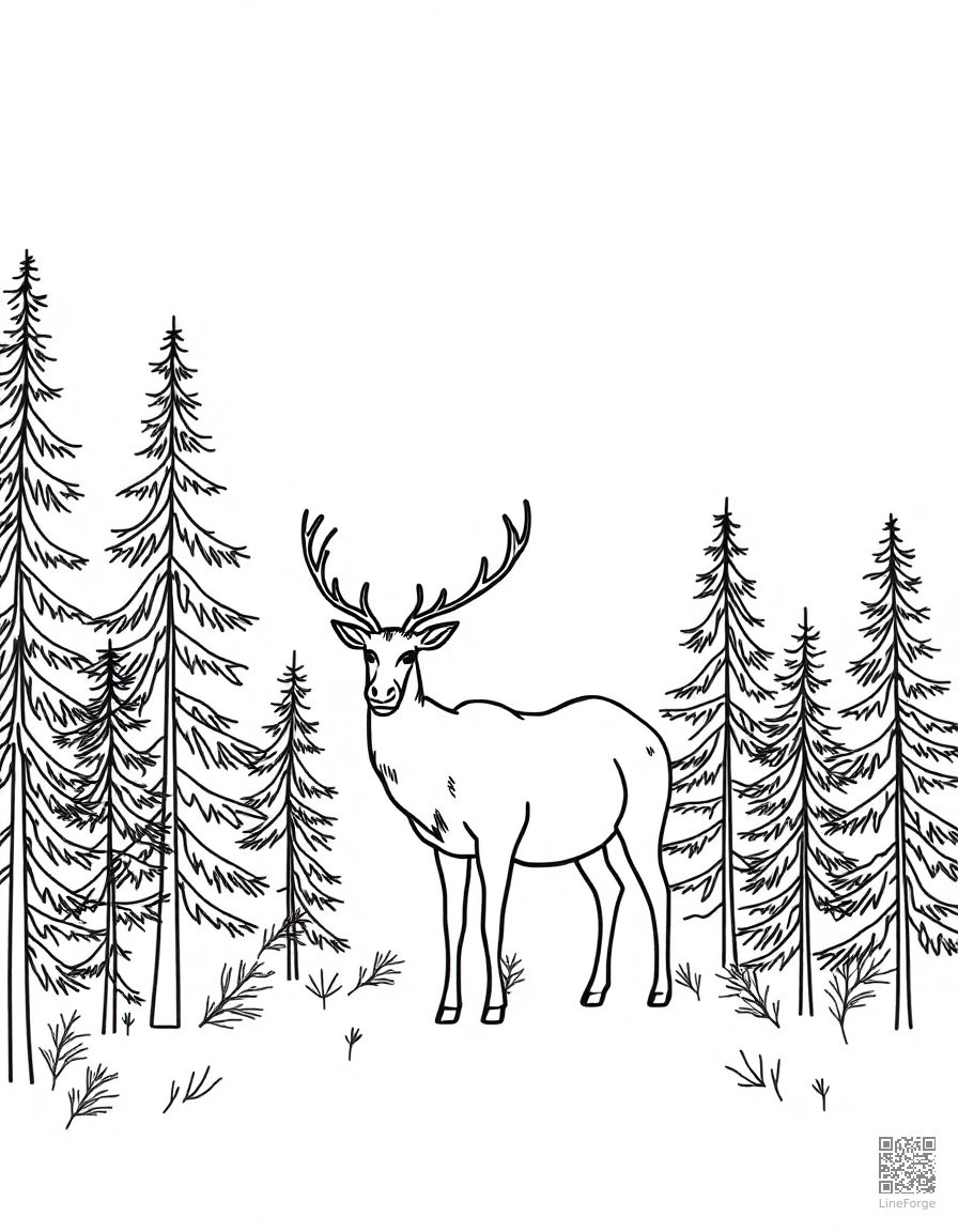 reindeer in a winter pine forest coloring page Minimal style - free printable