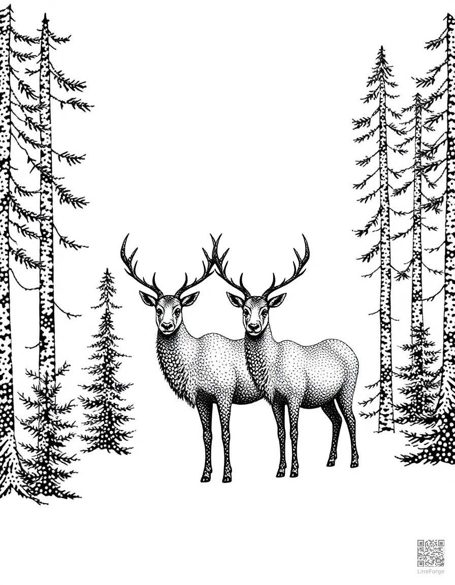 reindeer in a winter pine forest coloring page Stipple style - free printable