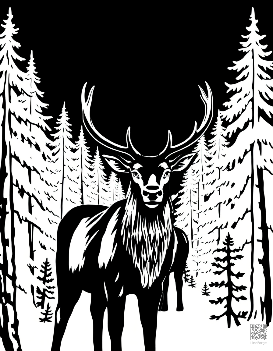 reindeer in a winter pine forest coloring page Woodcut style - free printable