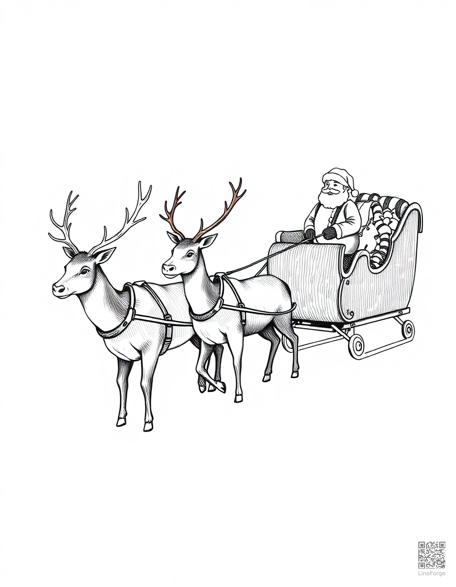 reindeer team pulling santas sleigh coloring page Crosshatch style - free printable