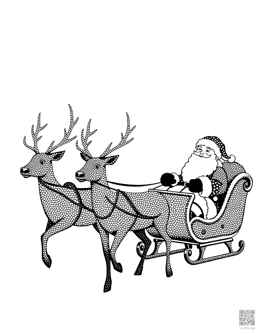 reindeer team pulling santas sleigh coloring page Stipple style - free printable