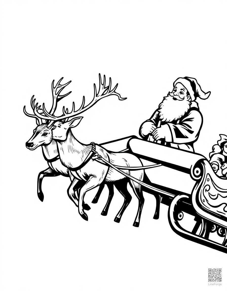 reindeer team pulling santas sleigh coloring page Woodcut style - free printable