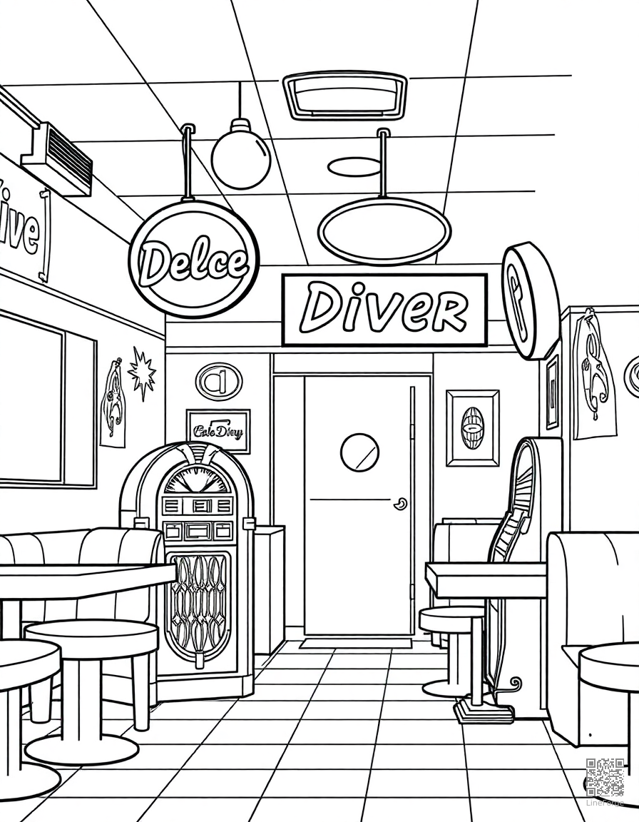 retro diner with neon signs and jukebox coloring page Contour style - free printable