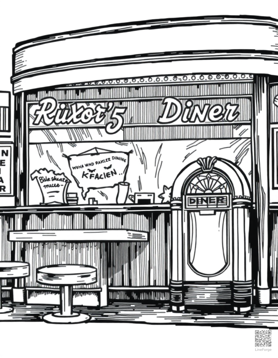 retro diner with neon signs and jukebox coloring page Crosshatch style - free printable