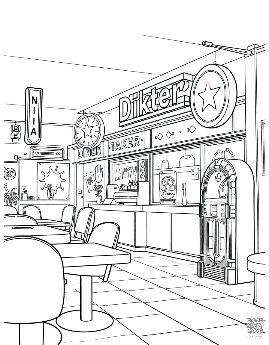 retro diner with neon signs and jukebox coloring page Manga style - free printable