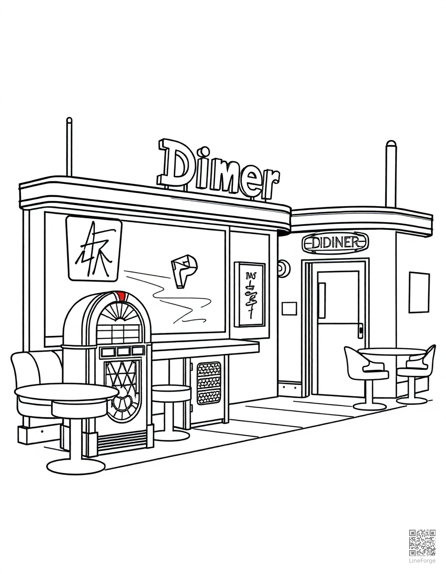 retro diner with neon signs and jukebox coloring page Minimal style - free printable