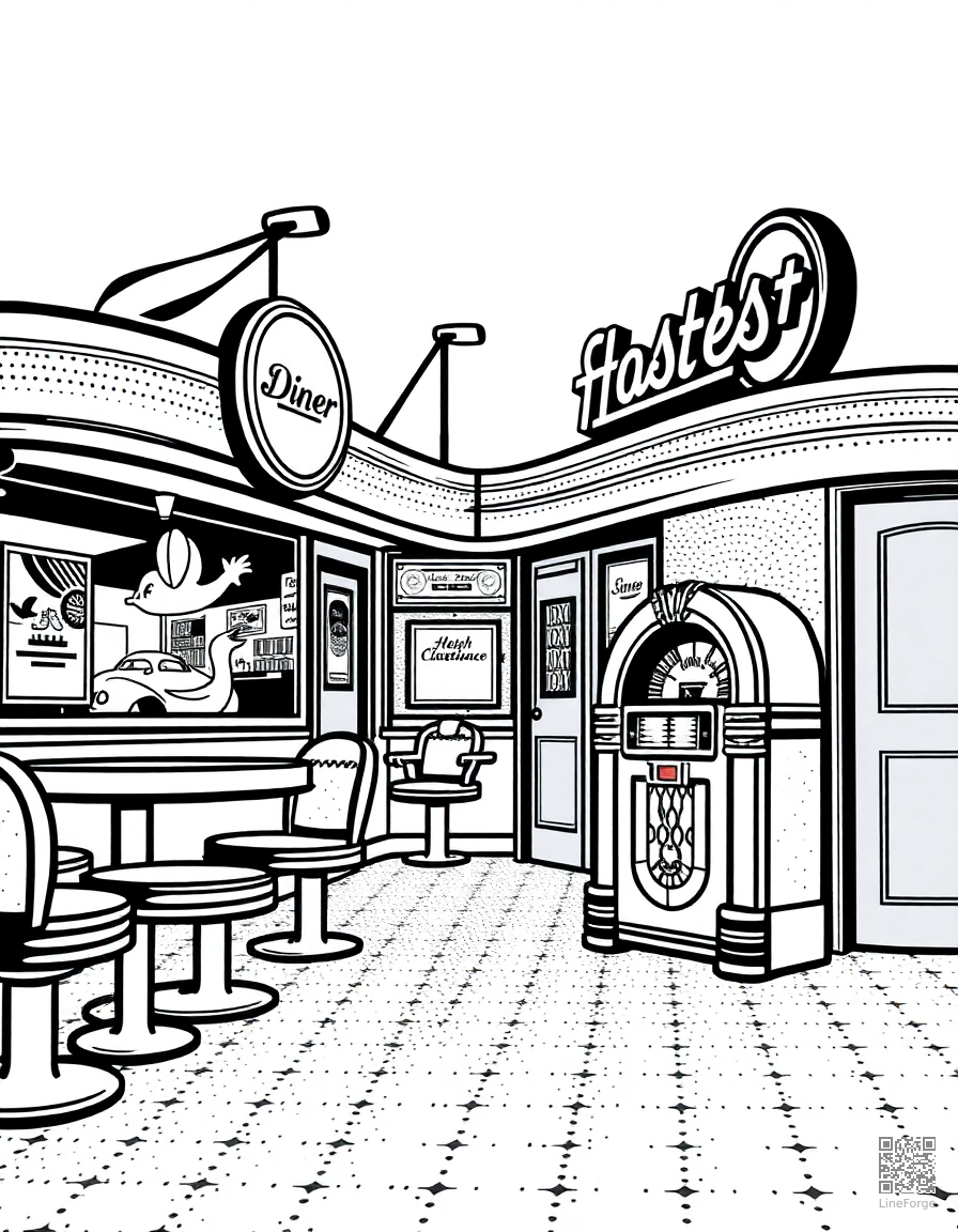 retro diner with neon signs and jukebox coloring page Stipple style - free printable