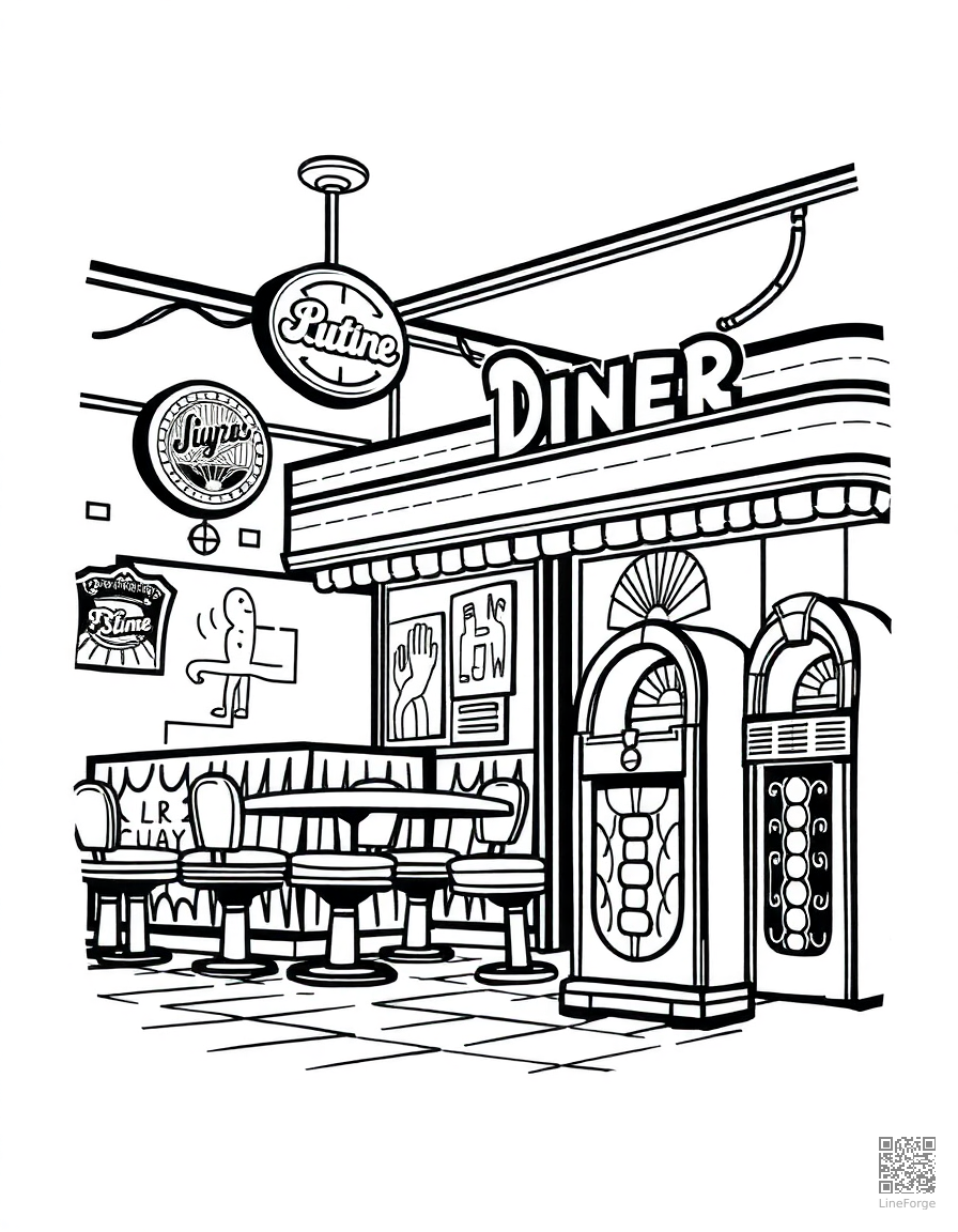 retro diner with neon signs and jukebox coloring page Woodcut style - free printable
