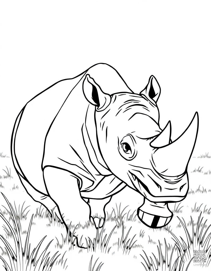 rhinoceros charging through the grasslands coloring page Contour style - free printable