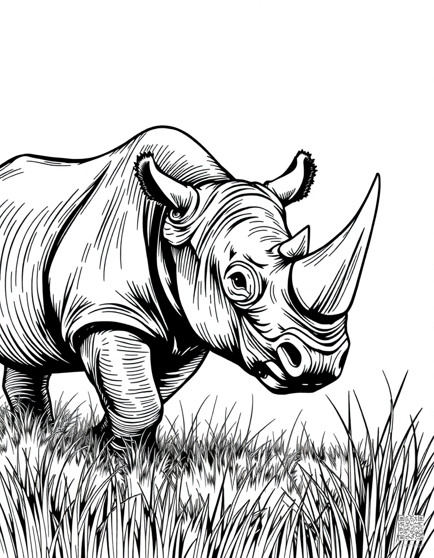 rhinoceros charging through the grasslands coloring page Crosshatch style - free printable