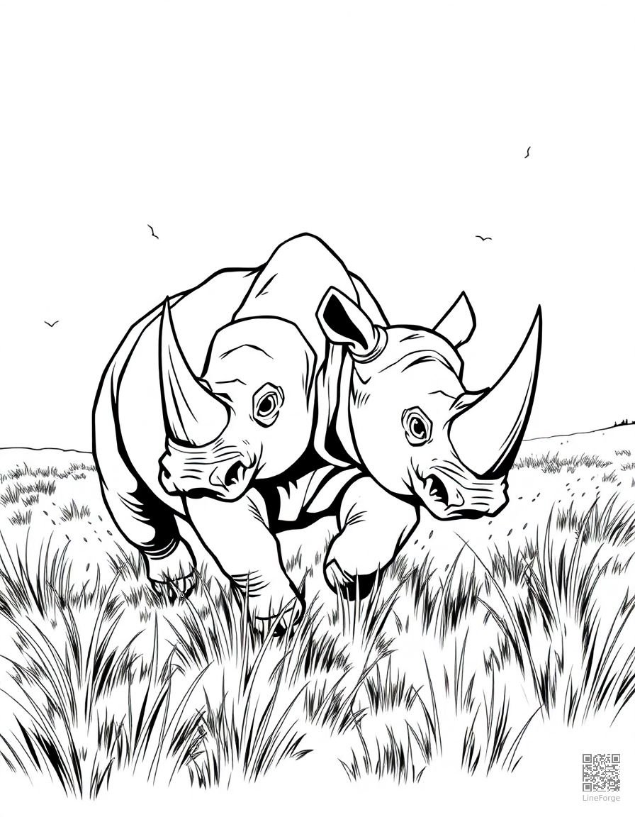 rhinoceros charging through the grasslands coloring page Manga style - free printable