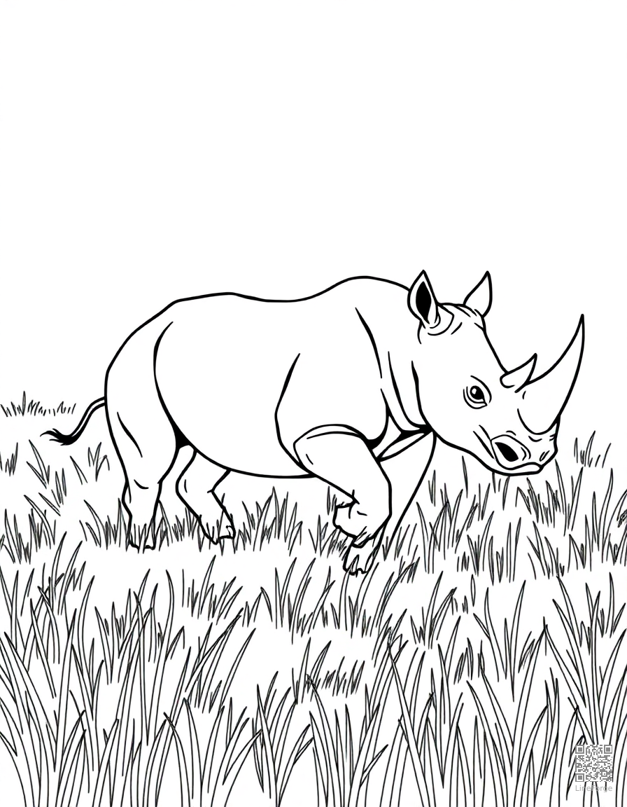 rhinoceros charging through the grasslands coloring page Minimal style - free printable