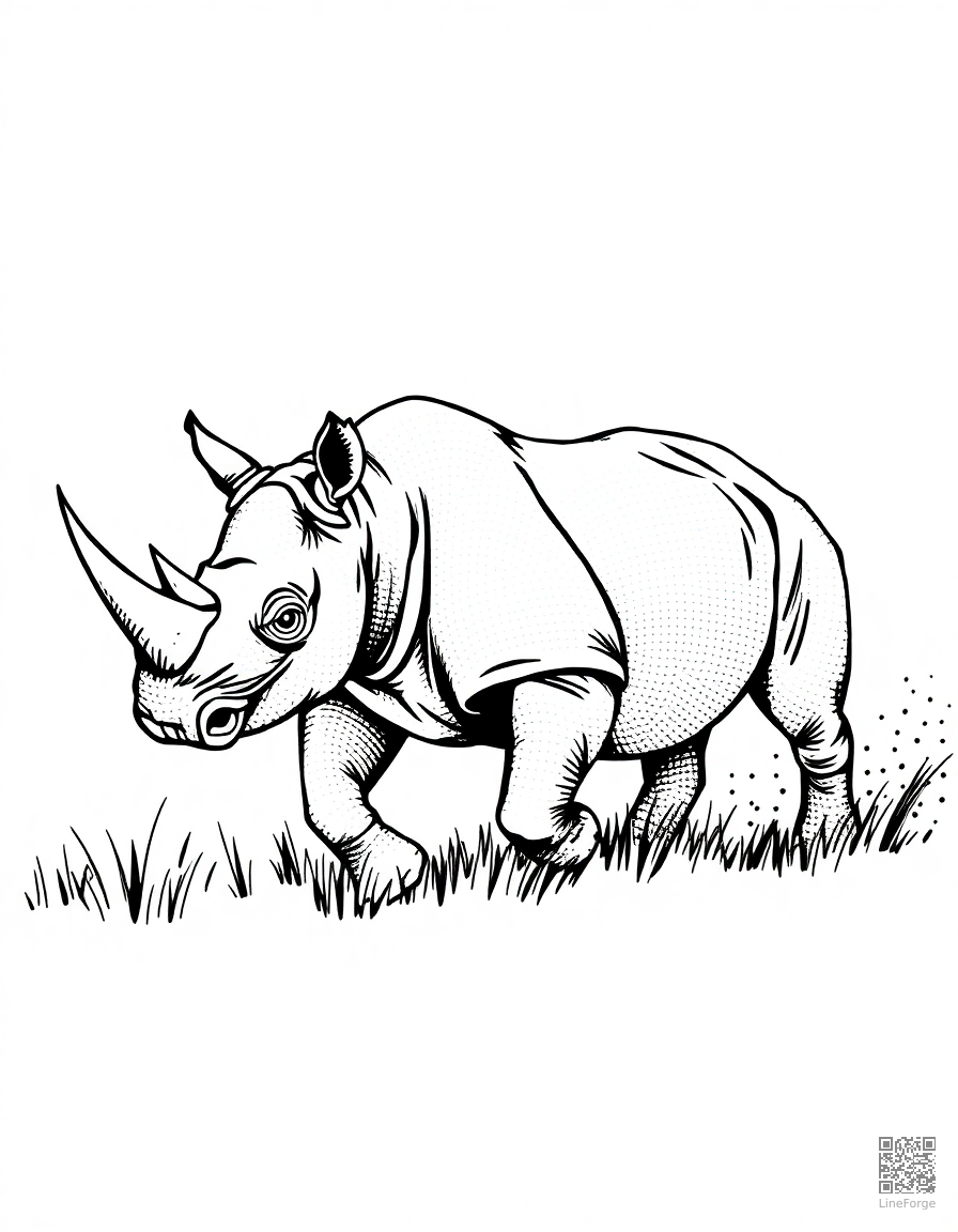 rhinoceros charging through the grasslands coloring page Stipple style - free printable