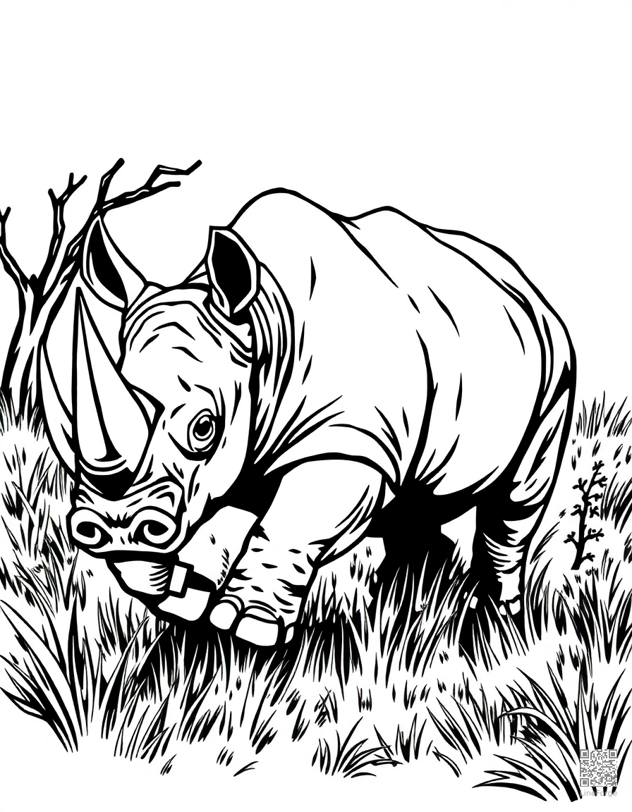 rhinoceros charging through the grasslands coloring page Woodcut style - free printable