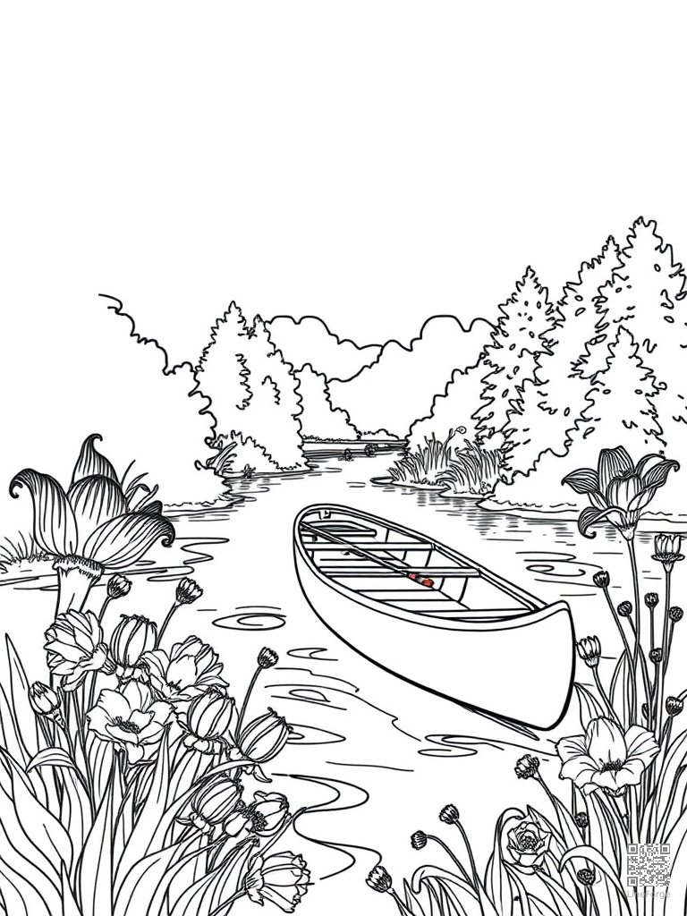 River scene with a canoe and riverside wildflowers coloring page Contour style - free printable