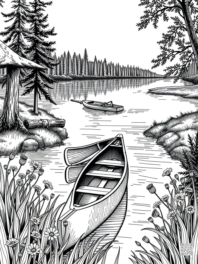River scene with a canoe and riverside wildflowers coloring page Crosshatch style - free printable