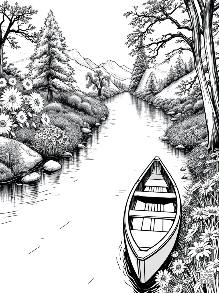 River scene with a canoe and riverside wildflowers coloring page Manga style - free printable