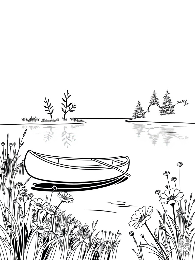 River scene with a canoe and riverside wildflowers coloring page Minimal style - free printable