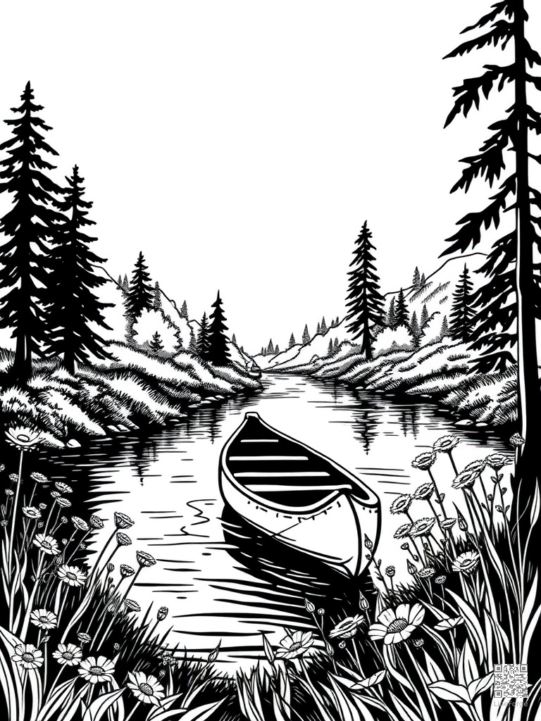 River scene with a canoe and riverside wildflowers coloring page Woodcut style - free printable
