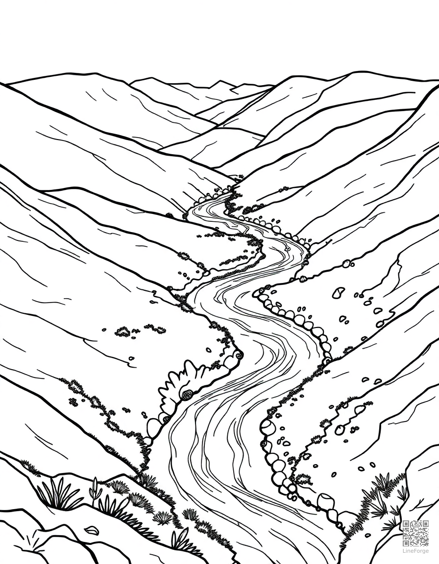 Free river winding through a green valley coloring page in contour style — printable line art