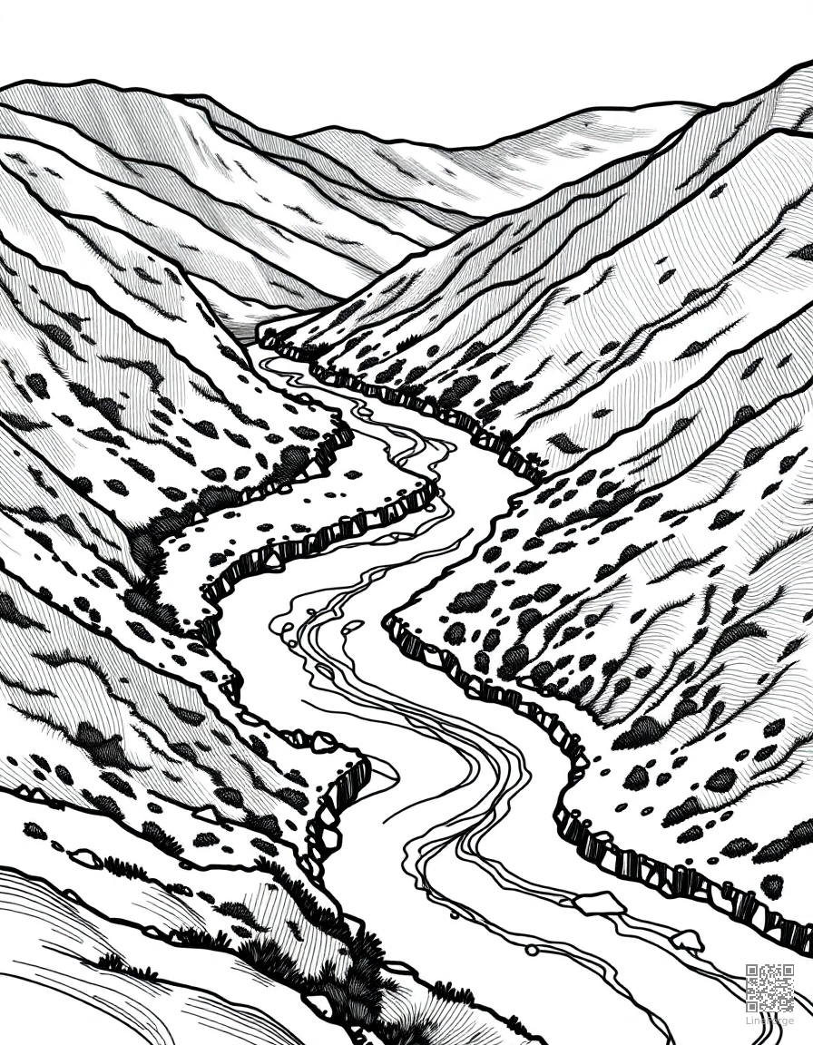 Free river winding through a green valley coloring page in crosshatch style — printable line art