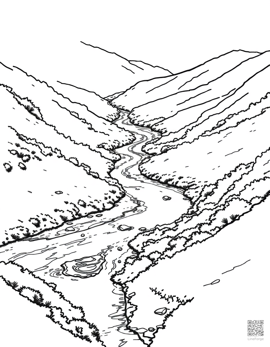 Free river winding through a green valley coloring page in manga style — printable line art